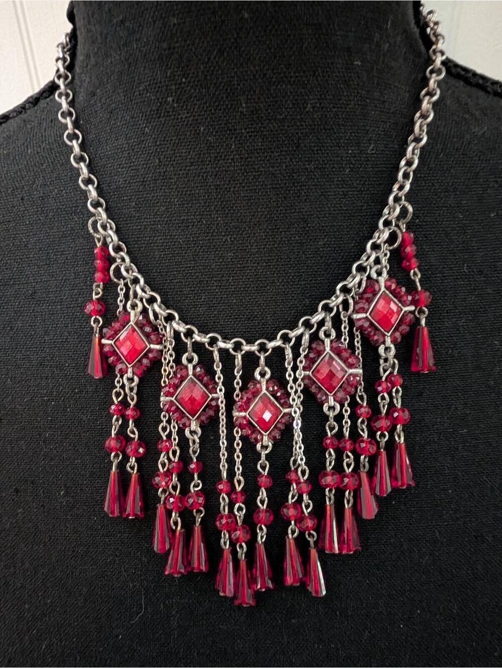 Festival Boho Ruby Red Stones Silver Tone Necklace